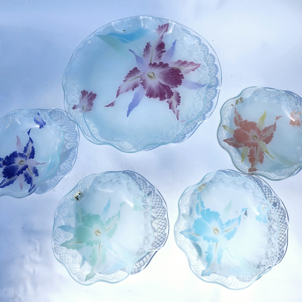 Vintage FC GLASS Ethereal Blue and Purple Glass Art Serving PLATES